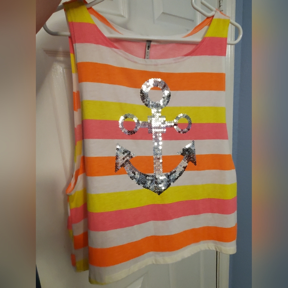 Sleeveless tank, swim cover up, summer top, Anchor sequins bling! Sz L Large
